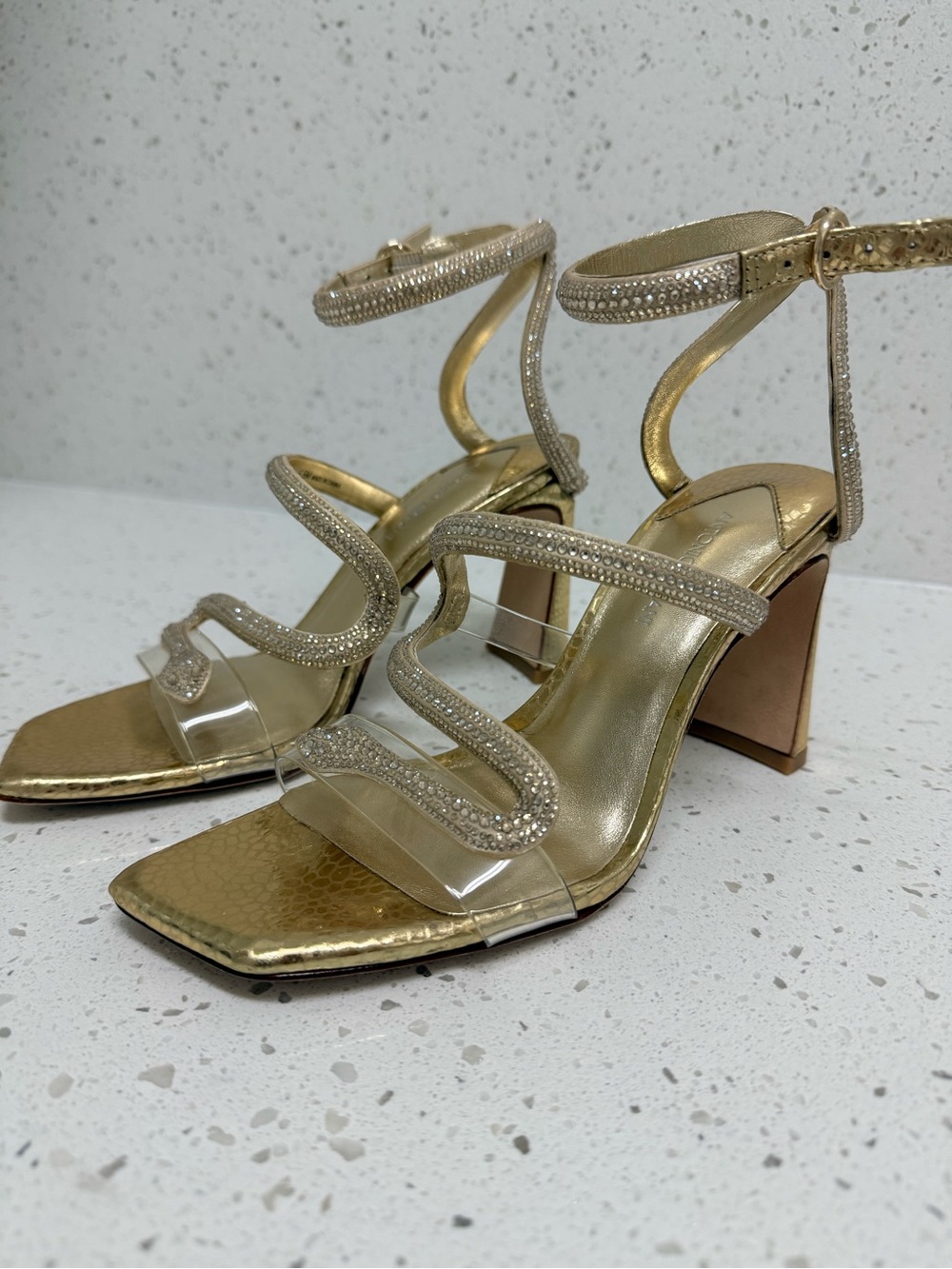 ANTONIO MELANI Gold Rhinestone Strappy Block Heel Sandals